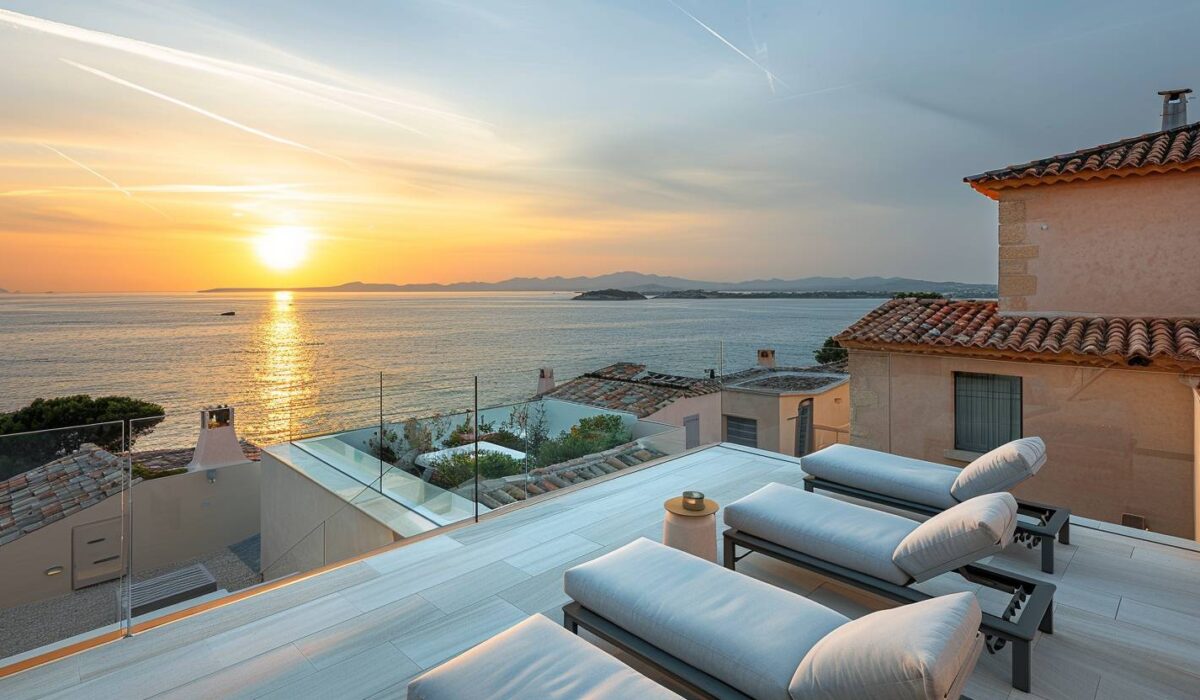 Garde-corps en verre sur toit-terrasse de villa à Saint-Tropez avec vue mer