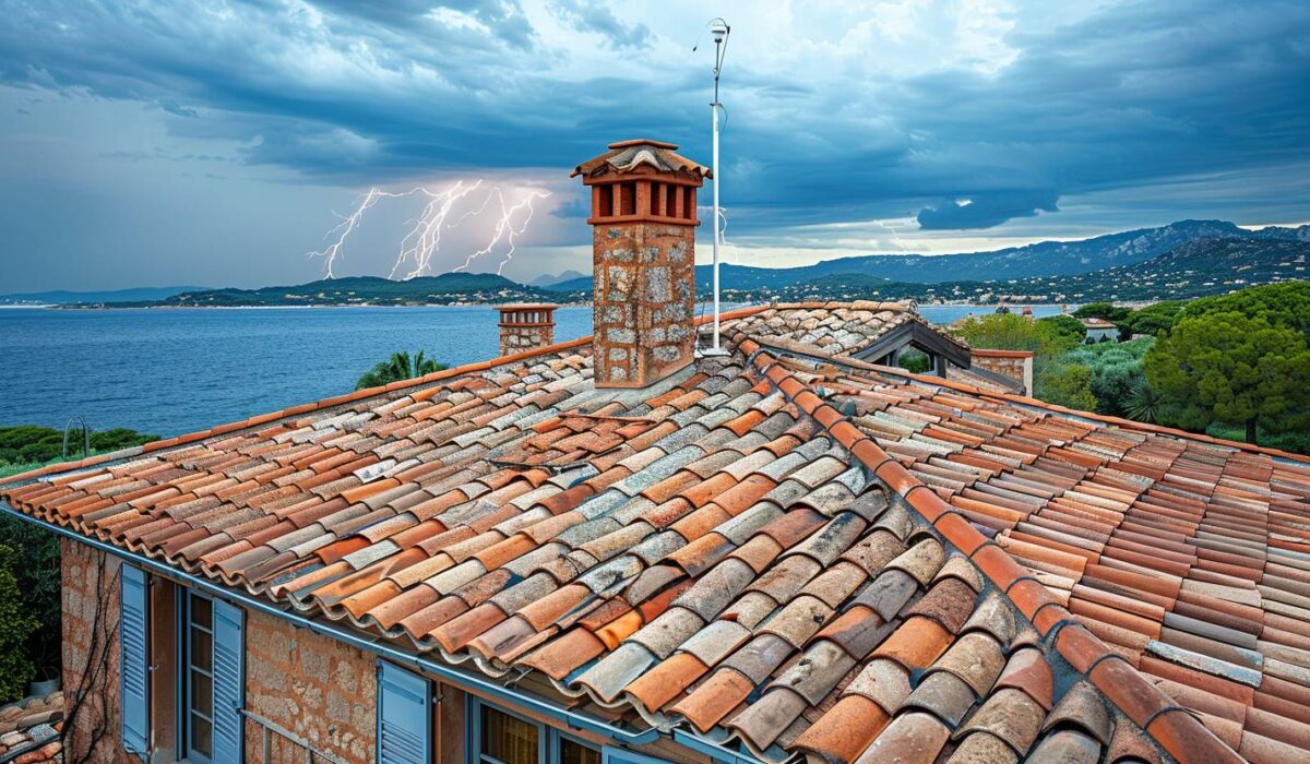 Système de protection foudre installé sur toit de villa à Saint-Tropez ciel orageux