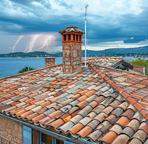 Système de protection foudre installé sur toit de villa à Saint-Tropez ciel orageux