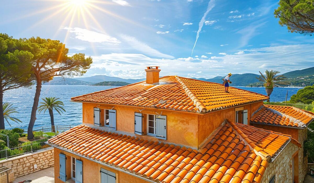 Couvreur appliquant une protection UV sur une toiture à Saint-Tropez