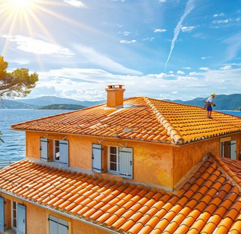 Couvreur appliquant une protection UV sur une toiture à Saint-Tropez