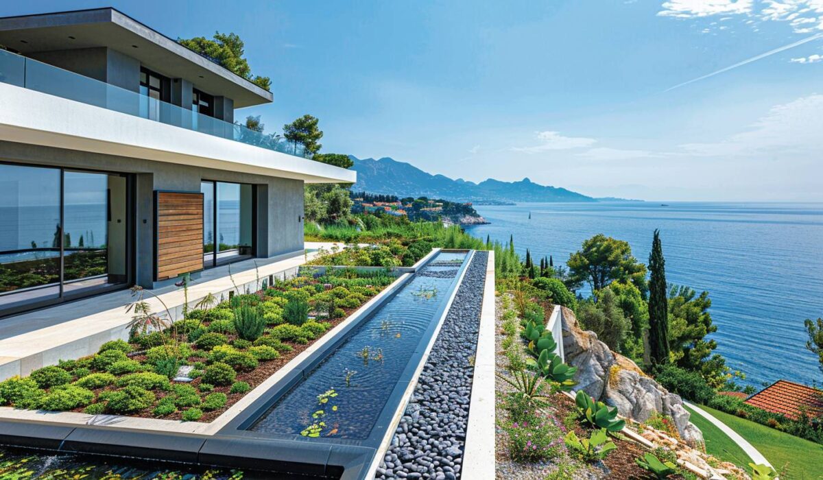 Vue aérienne d'une villa à Saint-Tropez avec système innovant de récupération d'eau de toiture