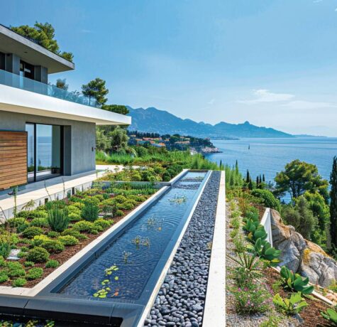 Vue aérienne d'une villa à Saint-Tropez avec système innovant de récupération d'eau de toiture