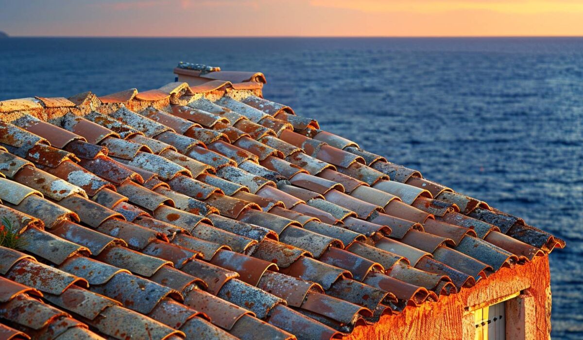 Toit traditionnel en tuiles provençales orangées à Saint-Tropez avec la mer Méditerranée en arrière-plan
