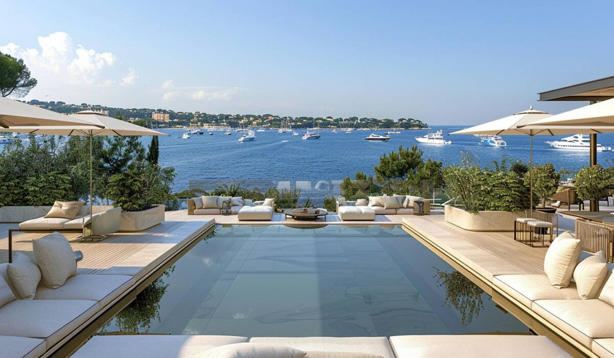 Toiture-terrasse panoramique sur villa de luxe à Saint-Tropez avec piscine et vue mer