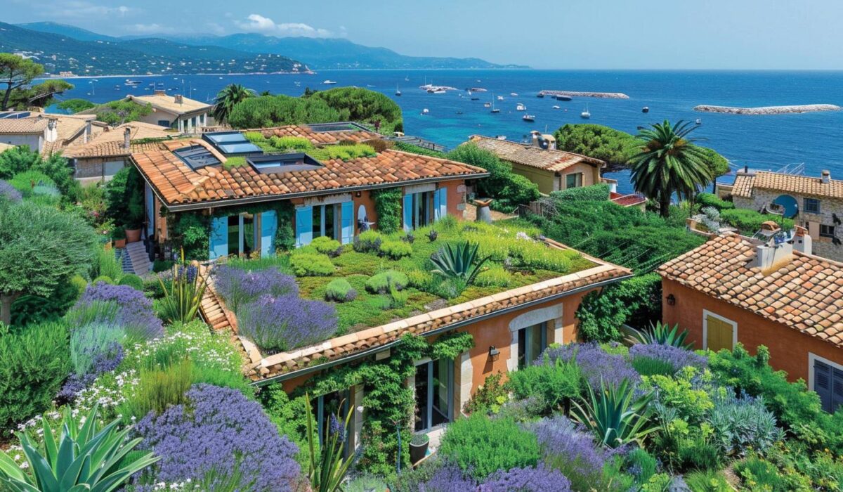 Toiture végétalisée sur une villa de luxe à Saint-Tropez avec vue mer