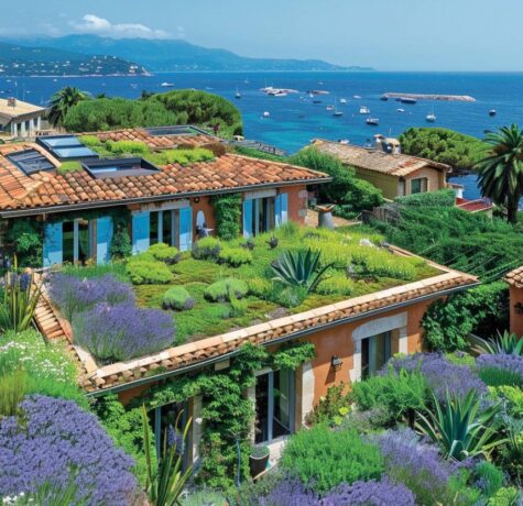 Toiture végétalisée sur une villa de luxe à Saint-Tropez avec vue mer
