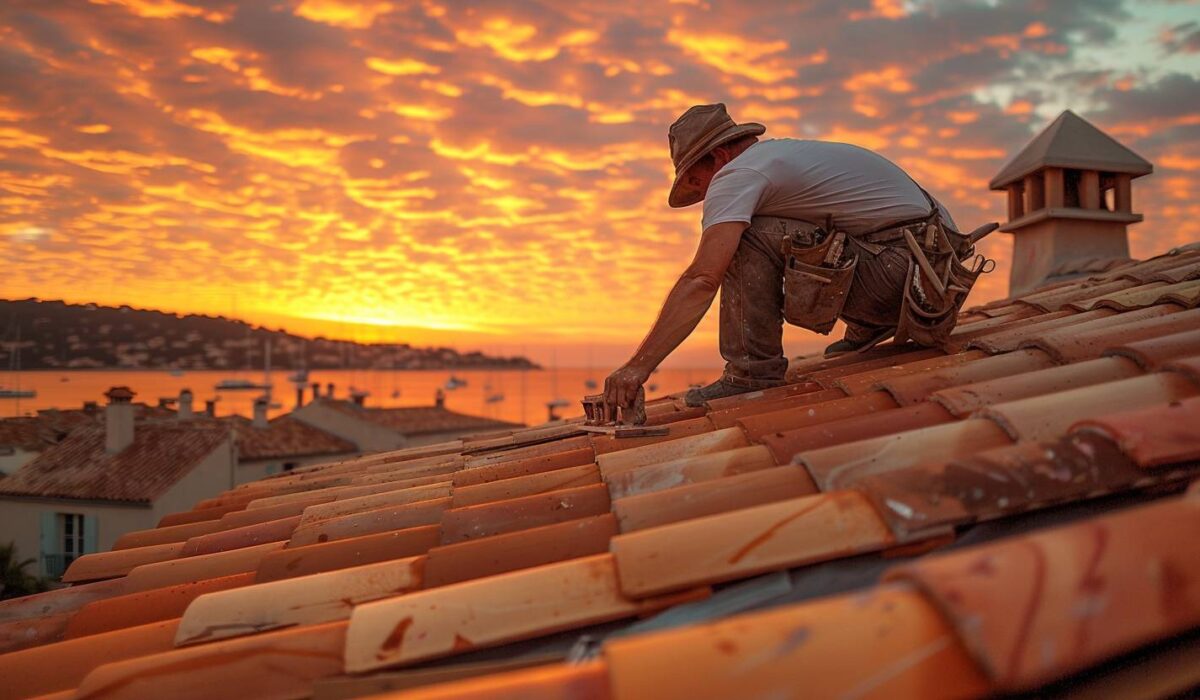 Couvreur rénovant une toiture traditionnelle avec vue sur Saint-Tropez