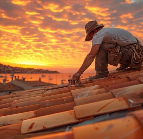 Couvreur rénovant une toiture traditionnelle avec vue sur Saint-Tropez