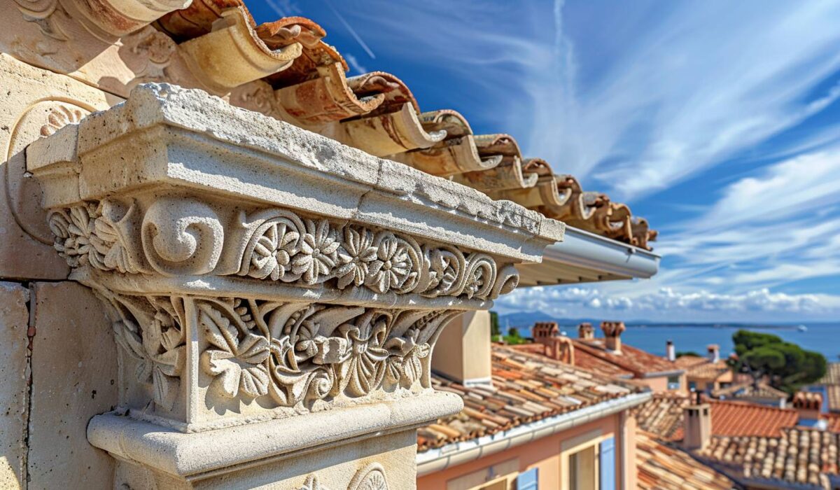 Corniche traditionnelle en pierre sculptée sur toit de villa à Saint-Tropez avec vue mer