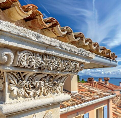Corniche traditionnelle en pierre sculptée sur toit de villa à Saint-Tropez avec vue mer