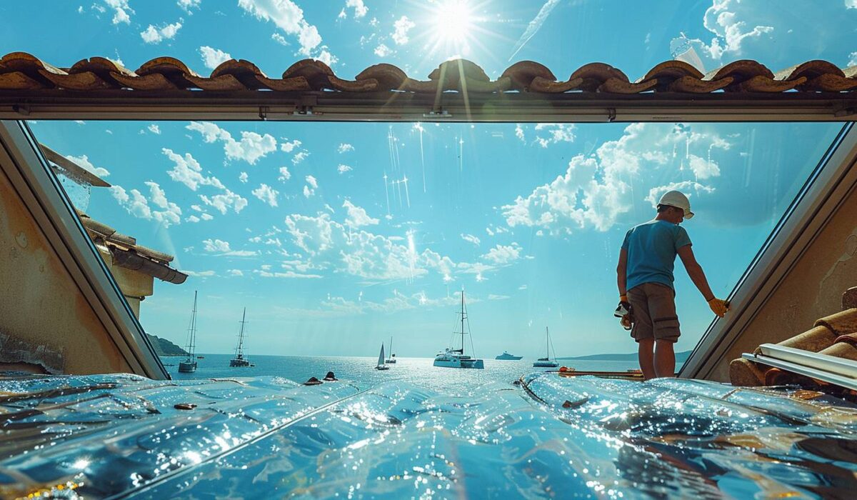 Artisan inspectant un velux sur un toit provençal avec vue sur la mer de Saint-Tropez