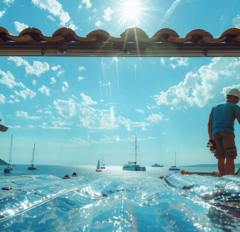 Artisan inspectant un velux sur un toit provençal avec vue sur la mer de Saint-Tropez