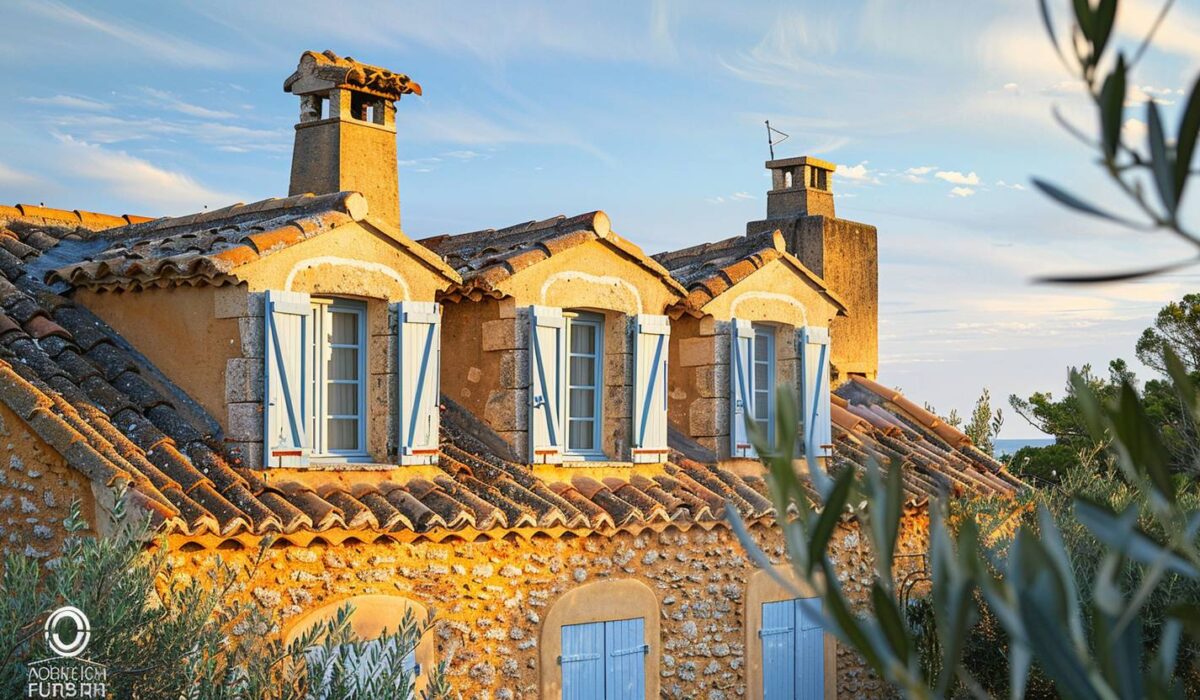 Maison provençale à Saint-Tropez avec lucarnes traditionnelles en pierre et volets bleus