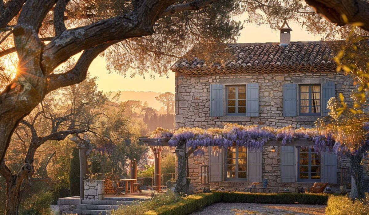 Mas provençal restauré avec façade en pierre toiture en tuiles romanes et végétation méditerranéenne