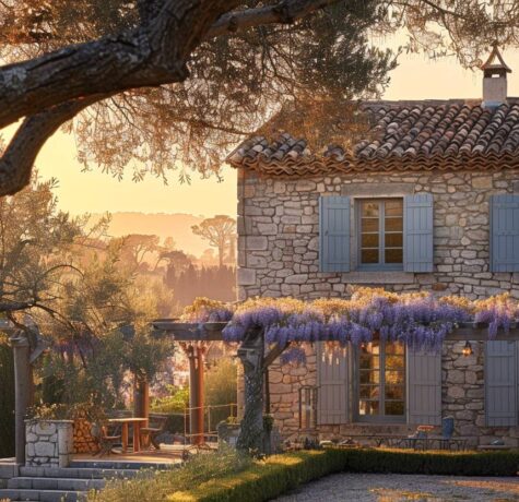 Mas provençal restauré avec façade en pierre toiture en tuiles romanes et végétation méditerranéenne