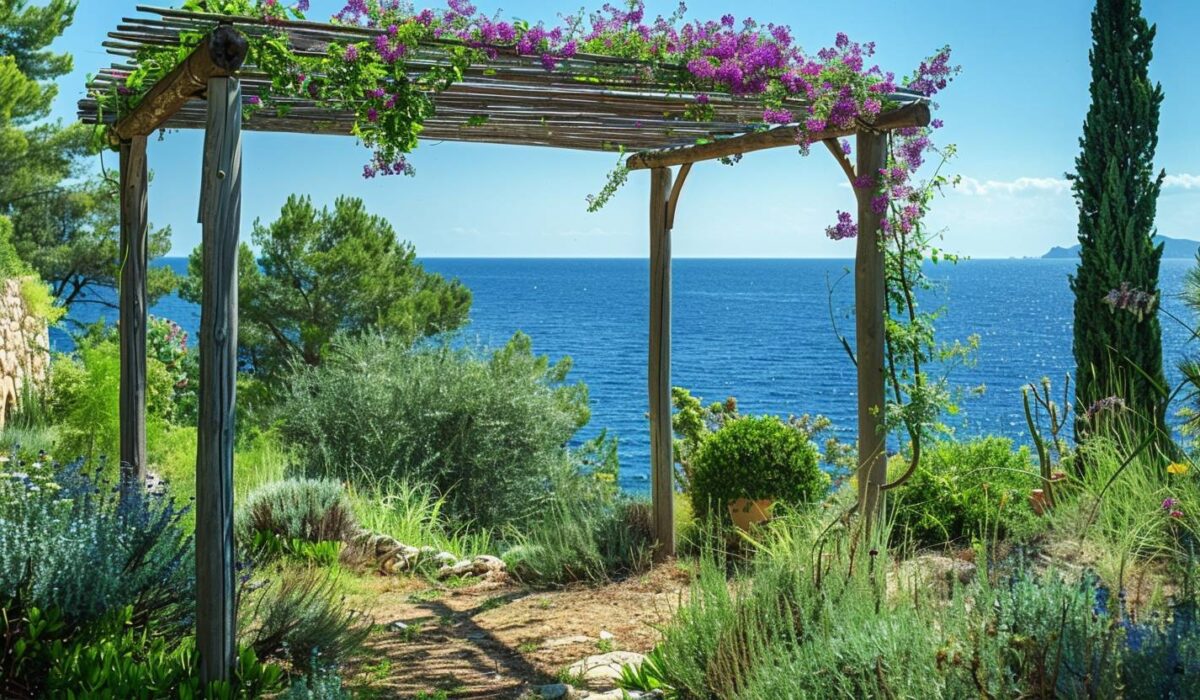 Pergola en bois restaurée avec plantes grimpantes dans un jardin provençal vue mer à Saint-Tropez