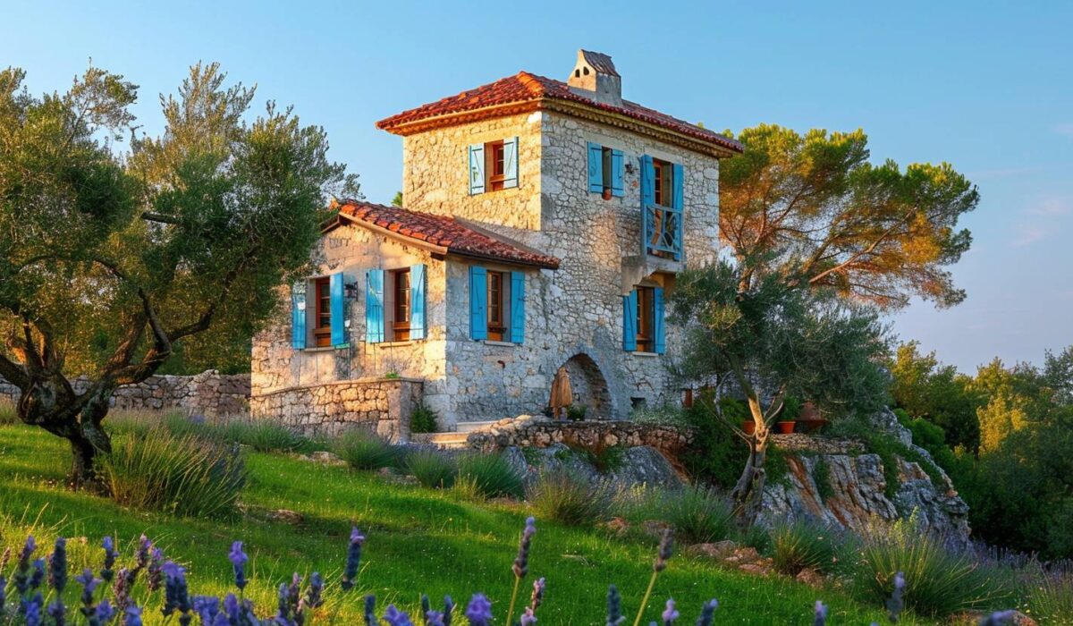 Pigeonnier provençal rénové sur colline avec oliviers et lavandes