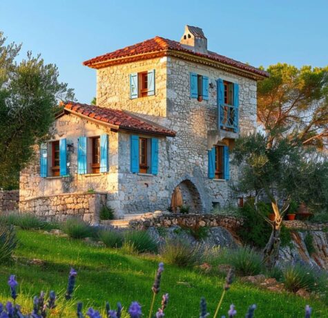 Pigeonnier provençal rénové sur colline avec oliviers et lavandes