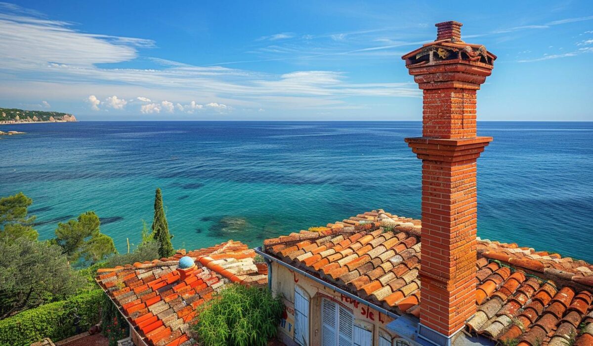 Artisan rénovant une souche de cheminée sur le toit d'une villa à Saint-Tropez avec vue sur la mer
