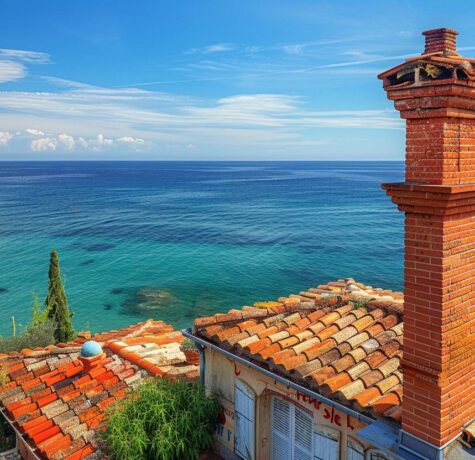 Artisan rénovant une souche de cheminée sur le toit d'une villa à Saint-Tropez avec vue sur la mer