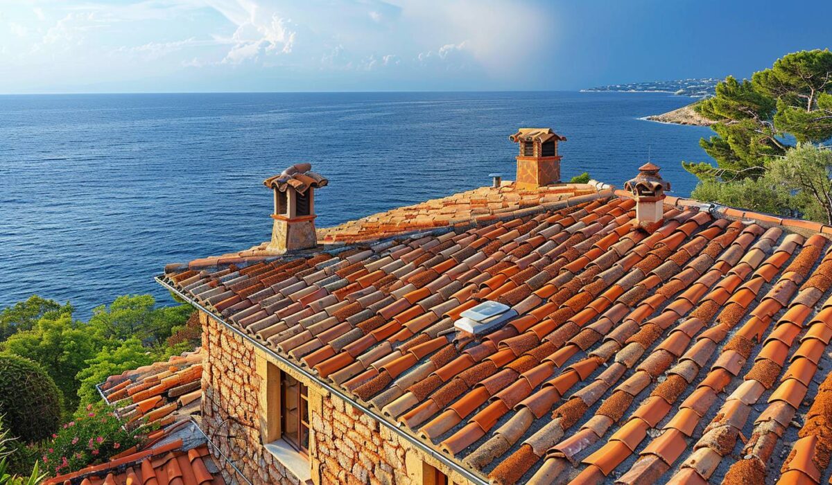 Toit en tuiles de terre cuite d'une villa à Saint-Tropez surplombant la mer Méditerranée