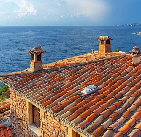 Toit en tuiles de terre cuite d'une villa à Saint-Tropez surplombant la mer Méditerranée
