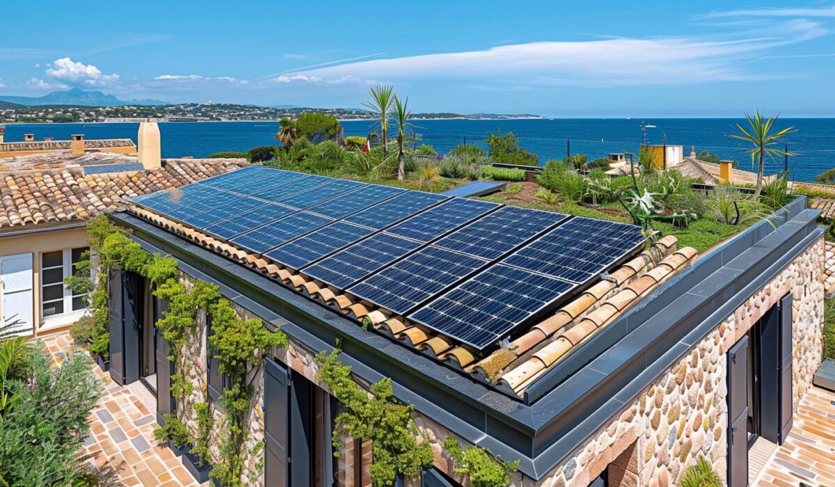 Toiture moderne à Saint-Tropez alliant panneaux solaires tuiles écologiques et végétalisation