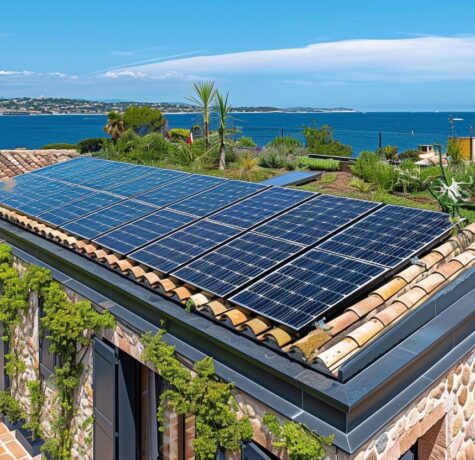 Toiture moderne à Saint-Tropez alliant panneaux solaires tuiles écologiques et végétalisation