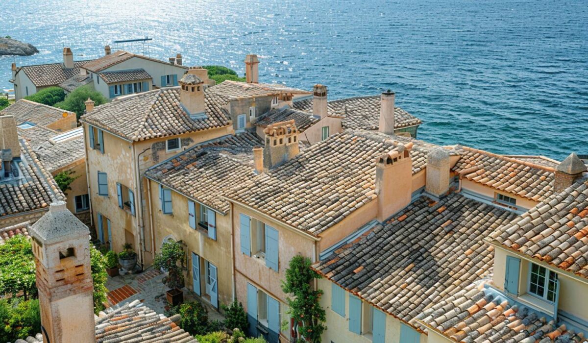 Vue aérienne des toits de Saint-Tropez face à la mer Méditerranée illustrant les défis d'étanchéité