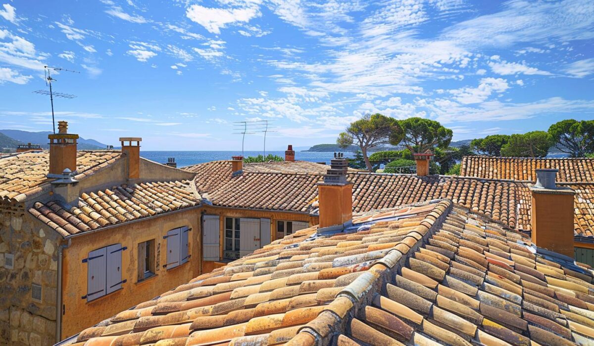 Toitures traditionnelles et modernes de Saint-Tropez résistant aux UV avec vue sur la mer Méditerranée