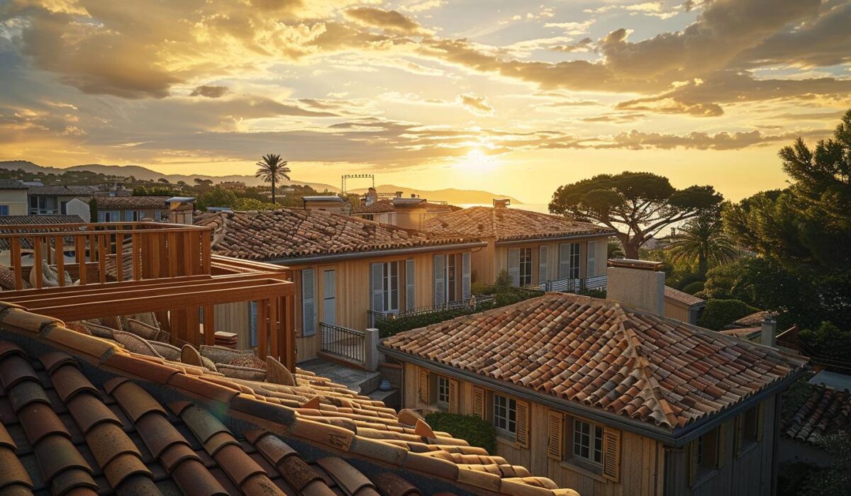 Vue aérienne de Saint-Tropez montrant des charpentes traditionnelles et modernes sur les villas luxueuses
