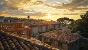 Vue aérienne de Saint-Tropez montrant des charpentes traditionnelles et modernes sur les villas luxueuses