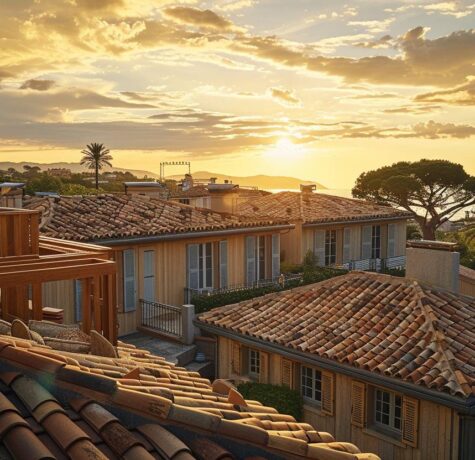Vue aérienne de Saint-Tropez montrant des charpentes traditionnelles et modernes sur les villas luxueuses