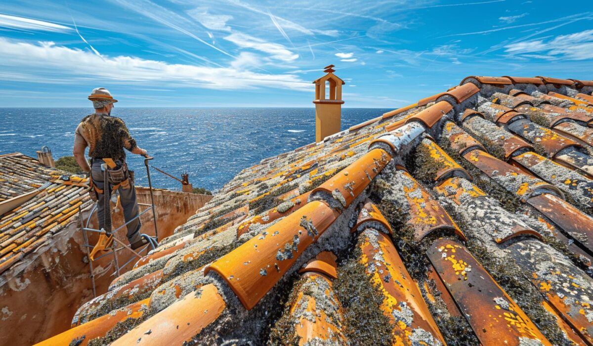 Toiture à Saint-Tropez partiellement envahie d'algues marines avec un couvreur expert