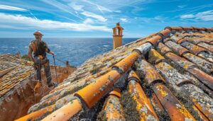 Toiture à Saint-Tropez partiellement envahie d'algues marines avec un couvreur expert
