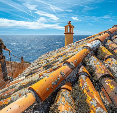 Toiture à Saint-Tropez partiellement envahie d'algues marines avec un couvreur expert