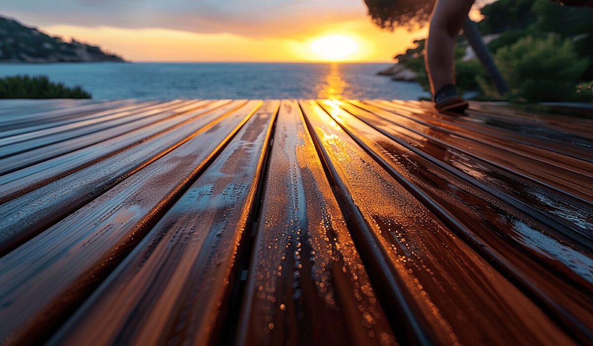 Terrasse en bois exotique à Saint-Tropez avec vue sur la mer et artisan appliquant un traitement protecteur