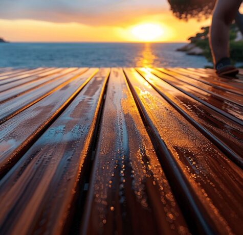 Terrasse en bois exotique à Saint-Tropez avec vue sur la mer et artisan appliquant un traitement protecteur