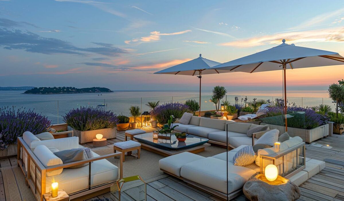 Toiture-terrasse accessible aménagée à Saint-Tropez avec vue panoramique sur la mer